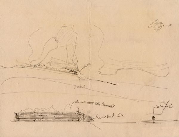Pencil sketch, drawn by Frank Lloyd Wright, possibly of a wooden privacy fence. The sketch shows an elevation and a site plan.