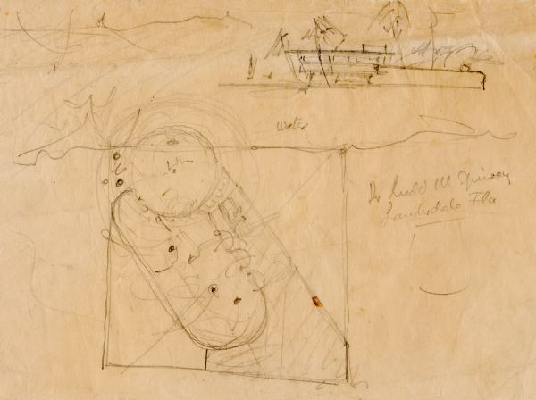 Preliminary concept sketch, drawn by Frank Lloyd Wright, for the Dr. Ludd Spivey Residence in Ft. Lauderdale, Florida. The house was never constructed.