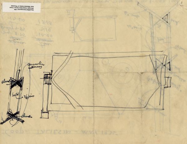 Pencil and ink plan and elevation sketch, drawn by Frank Lloyd Wright, for a firescreen for the Hillside Theater. The drawing includes a dimensioned plan and sketches. The screen was to be made of oak and built by John H. Howe.