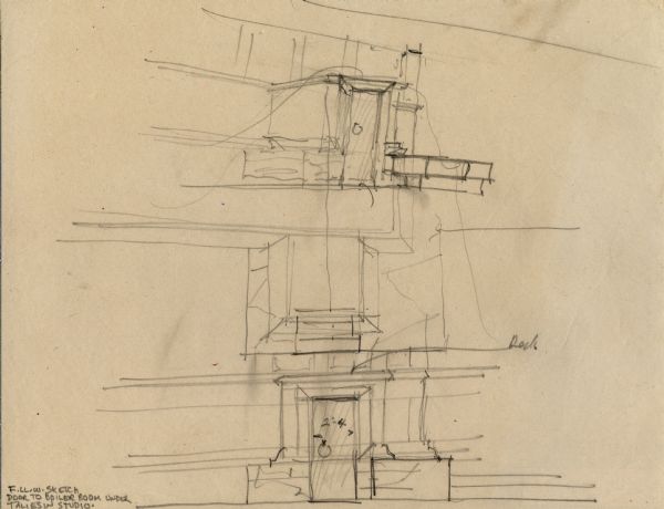 Sketch for Boiler Room Door, drawn by Frank Lloyd Wright, under the studio at Taliesin. The sketch shows two elevations and a floor plan. Taliesin is located in the vicinity of Spring Green.