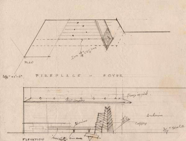 Pencil sketch of the plan and elevation drawn by Frank Lloyd Wright, of the foyer fireplace for the First Unitarian Society Meeting House.