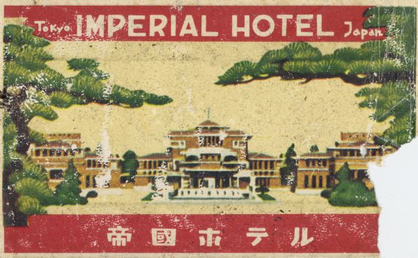Luggage tag from the Imperial Hotel in Tokyo, Japan. The hotel was designed by Frank Lloyd Wright. The luggage tag is part of an album of images of the hotel gathered by John Howe.