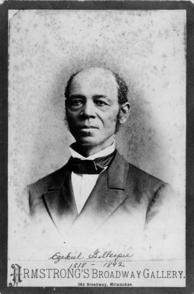 Head and shoulders portrait of Ezekiel Gillespie. Gillespie was born in 1818 and died March 31, 1892. In 1866, Milwaukee's Ezekiel Gillespie successfully sued for the right to vote.