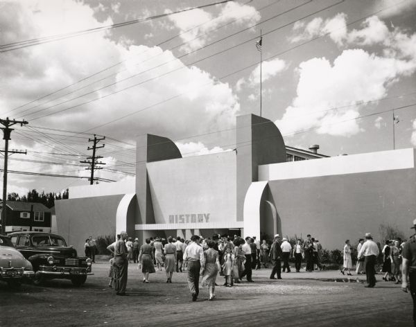 The History Building at the Wisconsin Centennial Exposition. The building was one of several new buildings, all of a modern, forward looking design, completed in 1948. The building housed exhibits prepared by the State Historical Society of Wisconsin.