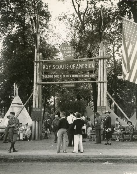 Entrance to "Camp Ammon," the Boy Scout camp at the Wisconsin State Fair. The camp was named for the director of the Wisconsin Department of Agriculture.