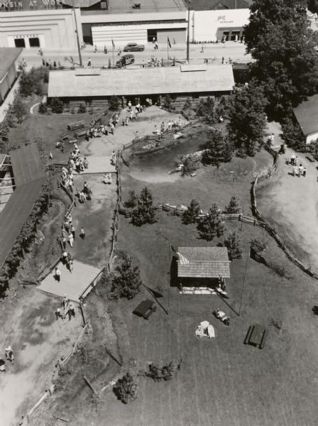 Aerial view of the grounds of the Wisconsin Conservation Department exhibit at the Wisconsin Centennial Exposition.