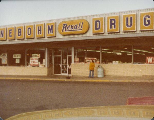 Color snapshot taken by amateur photographer Steven O. Kimbrough of an unidentified Rennebohm Drug Store. Kimbrough and friend Steve Patch were engaged in a project to eat breakfast in all Rennebohms then in existence.