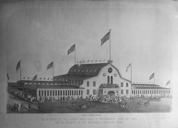 The Great Fair held at Milwaukee for the benefit of the Wisconsin Soldiers Home. The 130x130 foot building was constructed especially for the ten-day fair.  It raised over $110.00 to add to the $5,000 appropriated by the state.