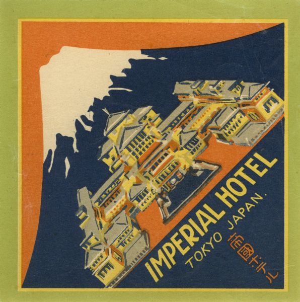 Luggage tag for the Imperial Hotel in Tokyo, Japan. This label includes a graph rendering of the Frank Lloyd Wright-designed building, and is thought to have been printed in Italy during the 1920s.