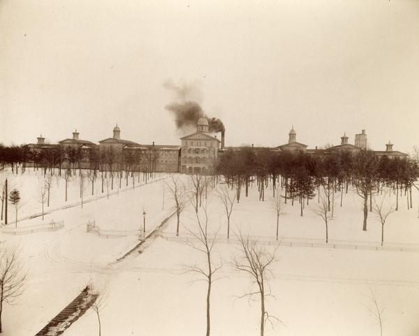 Elevated view of the Northern Hospital for the Insane and its front grounds.