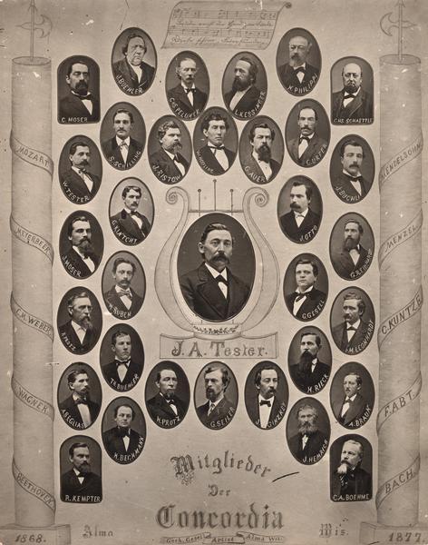 Composite of photographic portraits of the members of the Concordia Singing Society of Alma, Wisconsin. The decorative matte includes musical elements and the names of several composers.