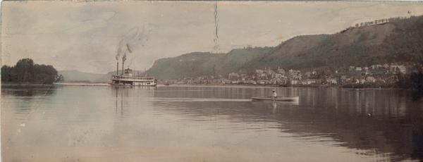 Hand-colored Mississippi River view with steamboat and rowboat in the river.