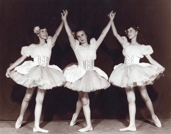 Three students at the Kehl School of Dance pose in ballet costume.  From left to right: Jo Jean Kehl, Joan Batz, Jo Ann Kehl.