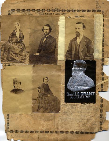 Page of photographs removed from the Grant Family bible. Included are images of Grandma and Grandpa Dent, an unidentified man, an unidentified woman, Mrs. Simpson, and a mourning badge with the images of U.S. Grant, dated July 23, 1885.
