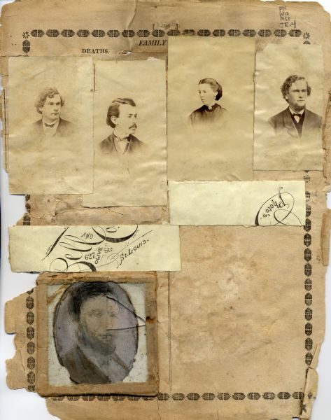 Page of photographs removed from the Grant family bible. Included are images of Judge Dan Dent, G. Dent, Mrs. G. Dent, A. Dent, and a hand-colored image of Abraham Lincoln.