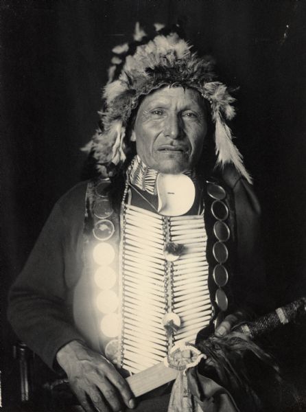 Portrait of Yankton Dakota man, Hinhancaga sa, (Red Owl). Part of Siouan (Sioux) and Yankton Tribes.