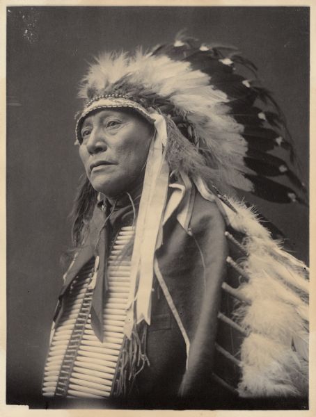 Portrait (Front) of Chief Mato-He-Hlogeco or Matho-Hexaloketca or Hu-Hu-Lo (Hollow Horn Bear or Bones) or Hoo-Hoo (The Bone), Son of Maza-Pankisko (Iron Shell), in native dress with headdress and breastplate. Part of Siouan (Sioux) and Brule Tribes.
