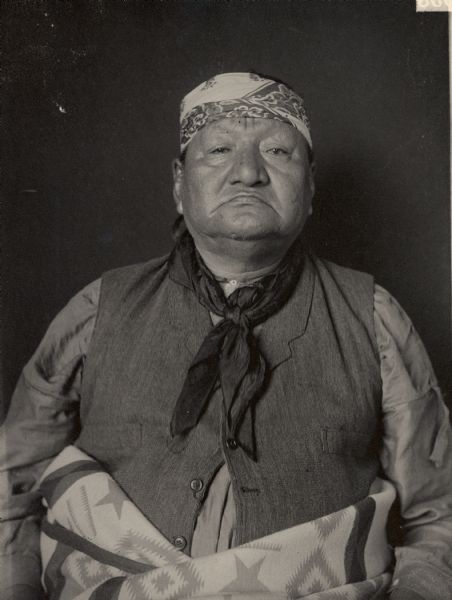 Portrait (Front) of Osage man, Oloe-ha-wal-la (Old Chief). Part of Siouan (Sioux) and Osage Tribes.
