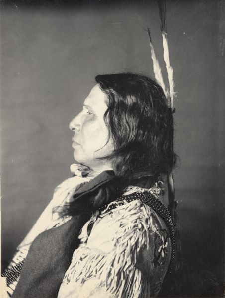 Profile portrait of Yankton Dakota man, Wanbliowe (Eagle Track). Part of Siouan (Sioux) and Yankton Tribes.
