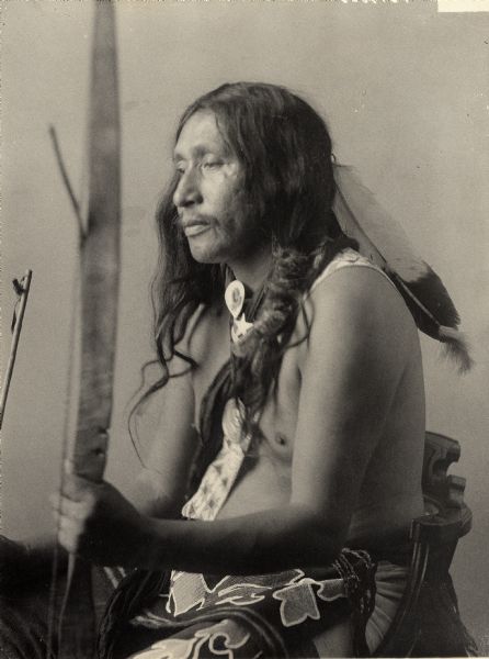 Studio portrait of Oto man, Wogewashonewahe or Gray Stone. Part of Siouan (Sioux) and Otoe Tribes.