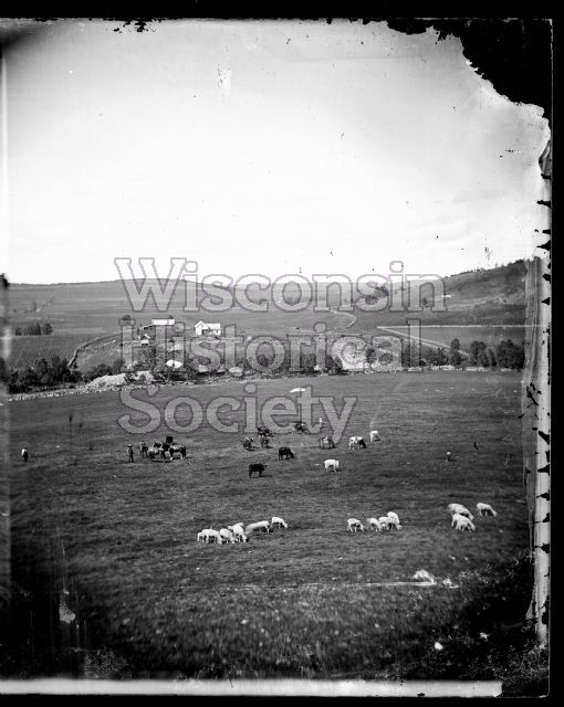 View down hill towards sheep, horses and dairy cattle grazing in a pasture in the foreground. Men and women are posing among the farm animals in the field. Beyond the field are farm buildings and possibly a Norwegian-style sval house. Hills and fields are in the background.