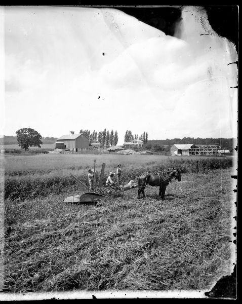 Three men taking a break during harvesting. Their horse-drawn reaper raked the grain into rows as it cut. In the background are various farmstead buildings, including a large basement barn with a cupola, a corn crib, an upright and wing farmhouse with shuttered windows and a log barn with a timber-frame addition under construction.