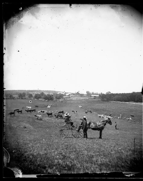 Two men are in a field in the foreground, one sitting in a carriage, one standing next to it, and both men pointing to the background. There we see cows, horses, sheep and one man and a farmstead in the far background.