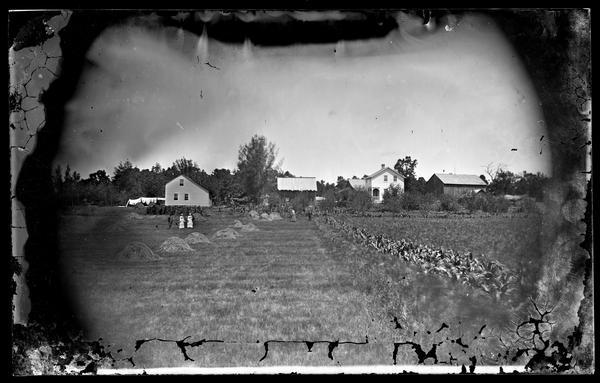 People in field with hay piles and traditional Norwegian Sval House (right) and salt-box house (left) with adjoining garden and farm buildings in the background. Laundry is drying on the left.