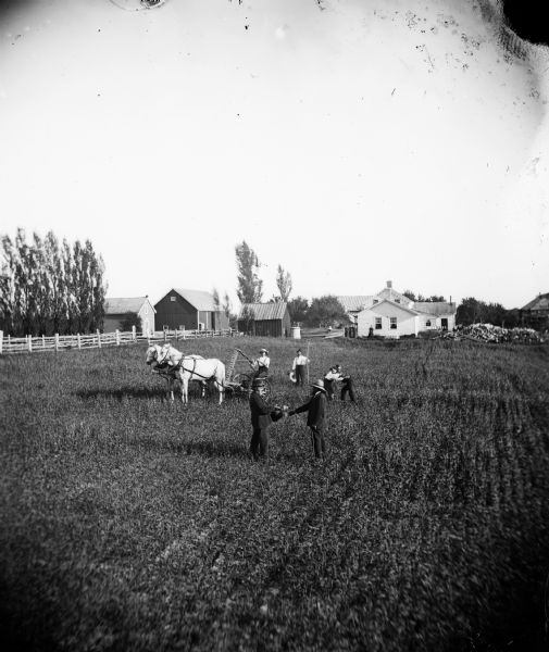 Two men stand in a field, one holding a cup, the other pouring from a jug. Behind them, a man sits on reaper and two boys wrestle, standing in the holding position. Nearby is a man standing with a pitchfork or scythe. Behind them is a house with women standing at its side, a child sitting on a woodpile and barn buildings. This is a carefully posed photograph of uncertain meaning.
