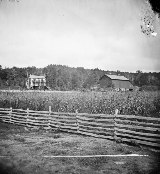 A stereograph perhaps taken at the same time as the "Three different views of the village of Argyle, Wis." mentioned in Dahl's 1877 "Catalogue of Stereoscopic Views." Fence, made with rails and uprights, diagonally cuts across foreground with cornfield behind. The house has a porch on the first and second level. The barn has two cupolas and lean-to on gable end.