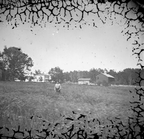 A man stands in a wheat field, with house, barn with cupola, and other small farm buildings and well with wood canopy in the background.