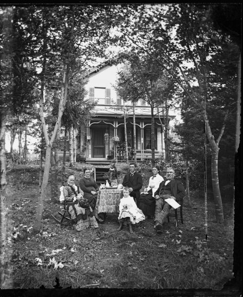 Family around table in yard with birch trees, and brick house with addition and shutters in background; porch has plants and two bird cages hanging from it. A stuffed owl sits on the table.