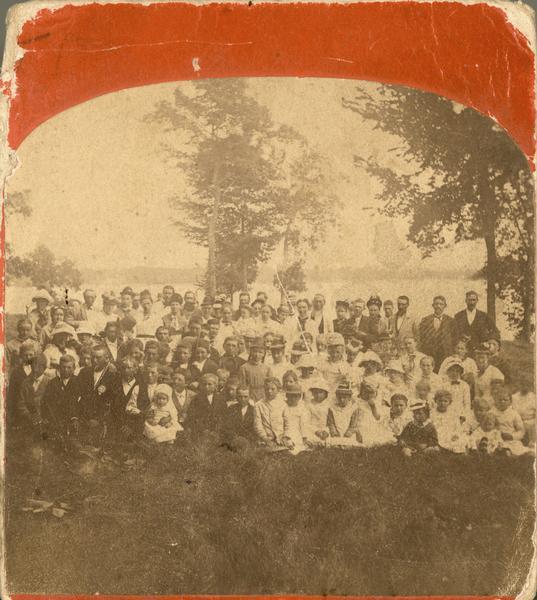 A Norwegian Sunday school picnic, perhaps held at Maple Bluff on Lake Mendota. The original stereograph is in the collection of the Norwegian-American Historical Society in Northfield, Minnesota.