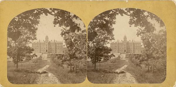 "Front view of Luther College, distance" as cited in Dahl's 1877 "Catalogue of Stereoscopic Views."