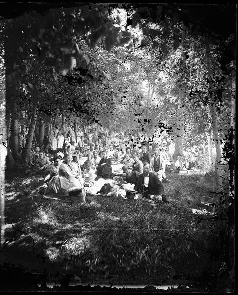 A large group of men, women and children having a picnic under the trees.