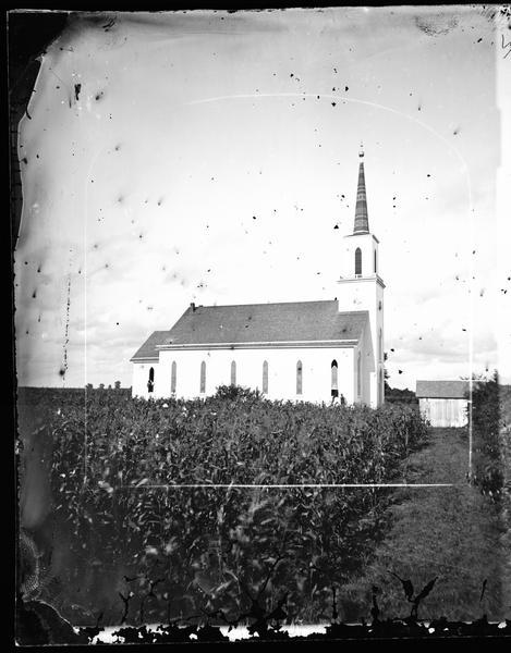 View across a cornfield towards the left side of a frame church. There is elaborately patterned shingling on the steeple. Men are posing in and near open windows near the back, and near the front of the church. A small, wood sided building is in front of the entrance.