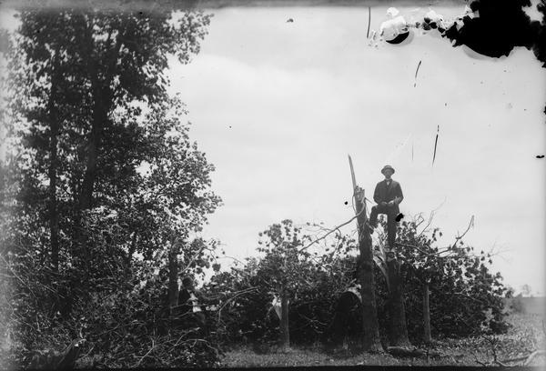 Man standing on two tree stumps.