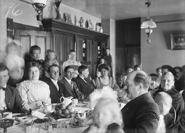 Dining hall, DeForest House (or Park Hotel). Dr. Bertrand, right, his wife Tina, opposite. [Dahl family had "last reunion" about 1912].