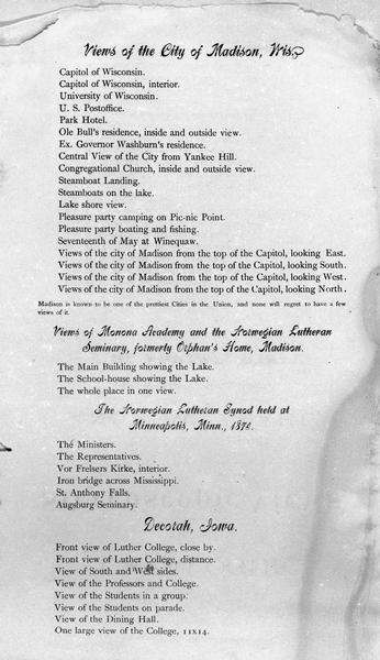 The second page of Dahl's 1877 "Catalogue of Stereoscopic Views made and published by Andrew L. Dahl, landscape photographer, DeForest, Wis." which lists views from 1876 and 1877 of the city of Madison, Monona Academy, the Norwegian Lutheran Seminary, the Norwegian Lutheran Synod (Minneapolis, Minnesota) and Decorah, Iowa.