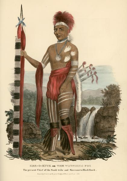 Kee-o-kuck, or the Watching Fox, a Chief of the Sauk tribe and sucessor to Black Hawk. Hand-colored lithograph from the Aboriginal Portfolio, painted at the great Treaty of Prairie du Chien (1825).