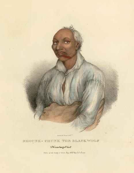 Shounk-Chunk the Black Wolf, a Chief of the Winnebago (Ho-Chunk) Tribe. Hand-colored lithograph from the Aboriginal Portfolio, painted at the Treaty of Green Bay (1827).