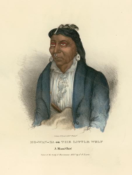 Mo-wan-za, or the Little Wolf, a Chief of the Miami Tribe.  Hand-colored lithograph from the Aboriginal Portfolio, taken at the Treaty of Massinnewa (1827).