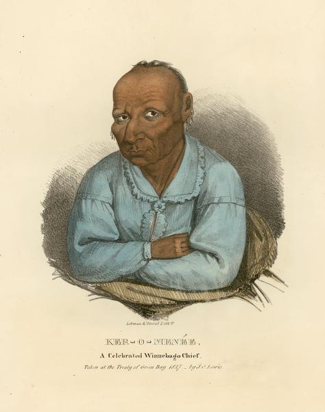 Portrait of Ker-o-menee, a celebrated Winnebago (Ho-Chunk) chief. Hand-colored lithograph from the Aboriginal Portfolio, painted by J.O. Lewis at the Treaty of Green Bay (1827).