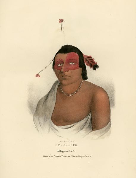 Pe-a-jick, a Chief of the Chippewa (Ojibwa) tribe.  Hand-colored lithograph from the Aboriginal Portfolio, painted at the Treaty of Prairie du Chien (1825).