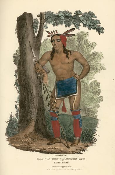 Kaa-nun-der-waaguinse-zoo, or the Berry Picker, a famous Chippewa (Ojibwa) Chief. Hand-colored lithograph from the Aboriginal Portfolio, painted at the Treaty of Prairie du Chien (1825).
