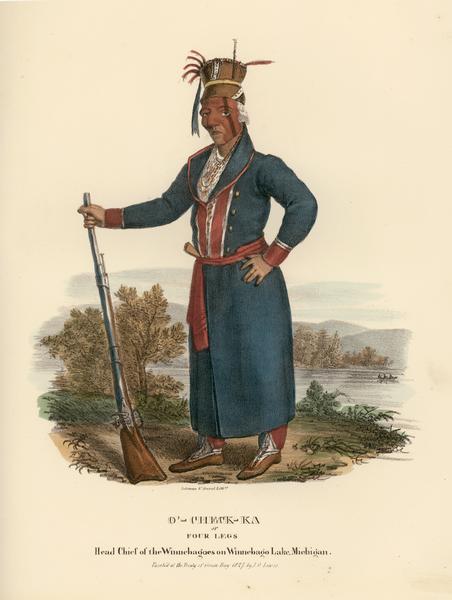 O'-check-ka, or Four Legs, Head Chief of the Winnebago (Ho-Chunk) on Lake Michigan.  Hand-colored lithograph from the Aboriginal Portfolio, painted at the Treaty of Green Bay (1827).