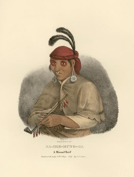 Na-she-mung-ga, a Chief of the Miami Tribe.  Hand-colored lithograph from the Aboriginal Portfolio, painted at the Treaty of Fort Wayne (1827). He is holding a pipe.