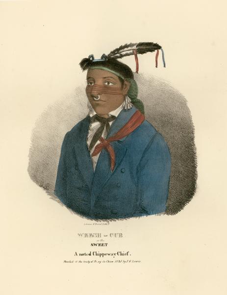 Weesh-cub, or the Sweet, a noted Chippeway (Ojibwa) Chief.  Hand-colored lithograph from the Aboriginal Portfolio, painted at the Treaty of Prairie du Chien (1825).