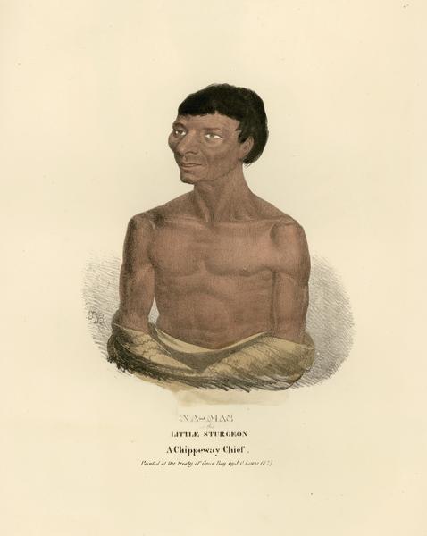 Na-mas, or Little Sturgeon, a Chief of the Chippeway (Ojibwa) Tribe.  Hand-colored lithograph from the Aboriginal Portfolio, painted at the Treaty of Green Bay (1827).