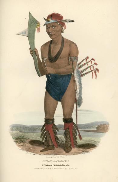 Cut-taa-tas-tia, a celebrated Chief of the Fox Tribe. Hand-colored lithograph from the Aboriginal Portfolio, was drawn at the Treaty of Prairie du Chien (1825). He holds both a weapon and a pipe.